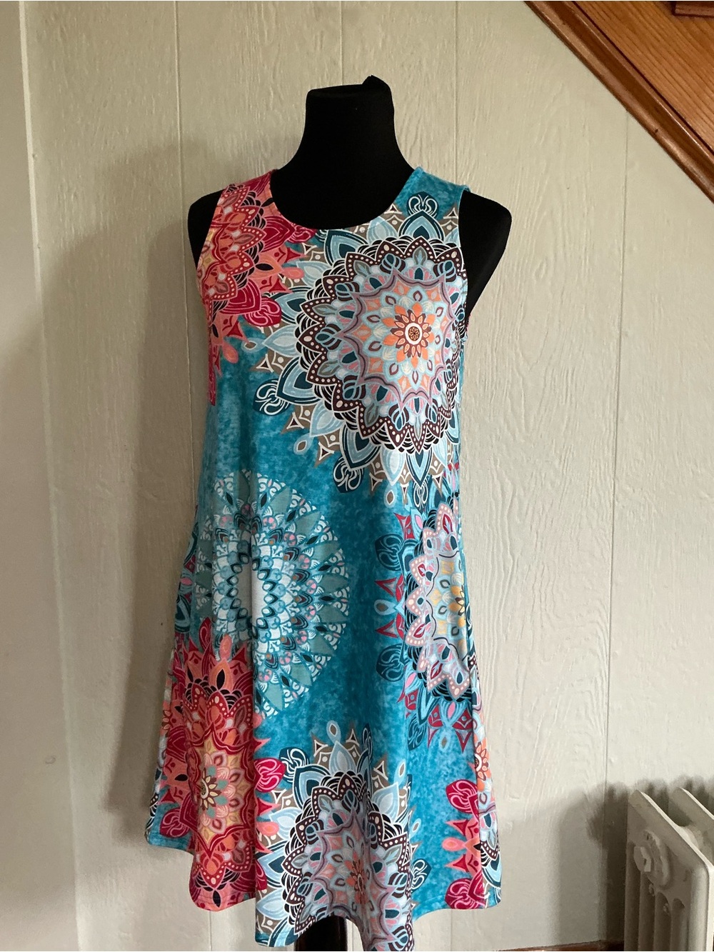 Sleeveless Turquoise Floral Mandala Swing Dress